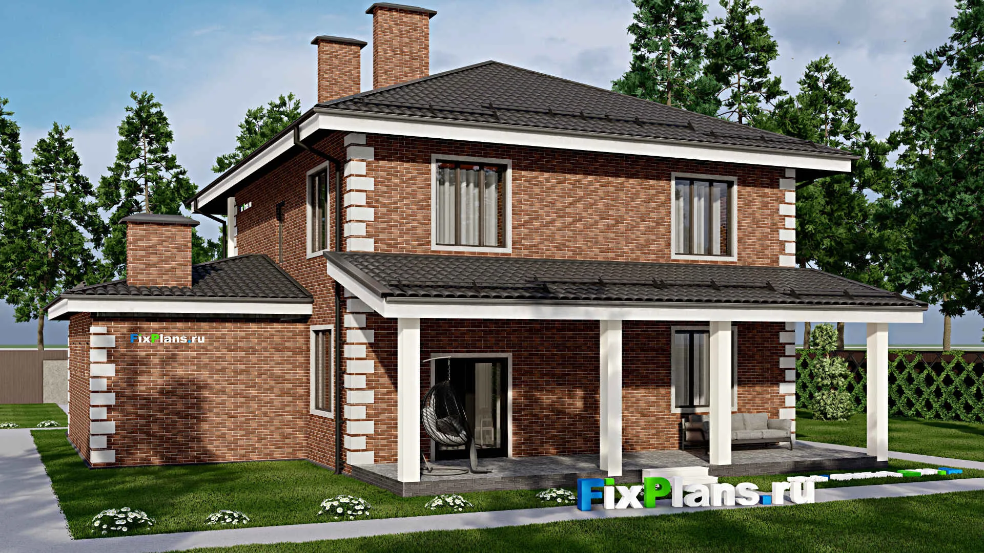 F-4193 - Проект двухэтажного дома 14 на 17, площадью 280 м² с террасой, балконом, гаражом на 1 машину и 4 спальнями