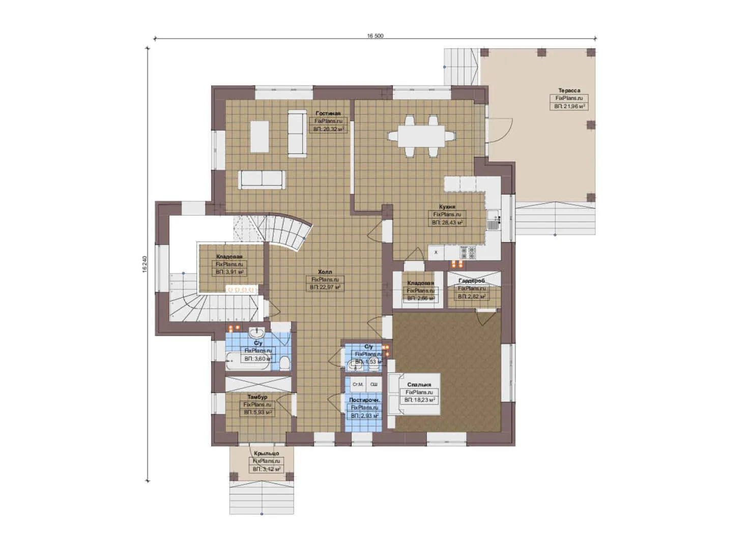 F-14399 - Планы двухэтажного дома 17 на 17, площадью 260 м² с террасой и 4 спальнями