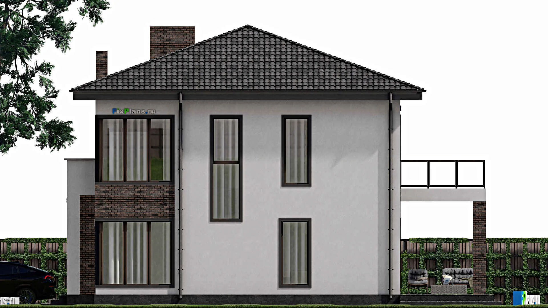 F-1835 - Проект двухэтажного дома 12 на 16, площадью 270 м² с террасой, балконом, гаражом на 1 машину и 4 спальнями
