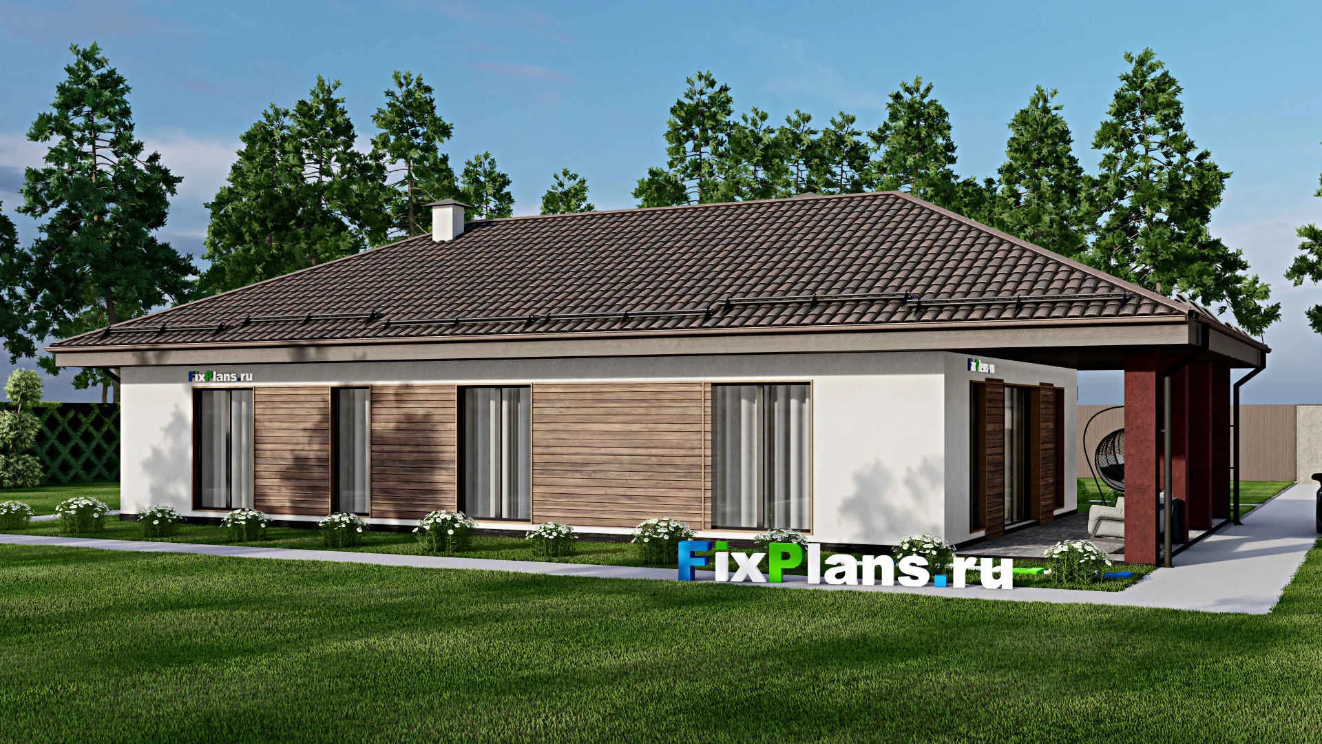 F-6902 - Проект одноэтажного дома 10 на 17, площадью 150 м² с террасой и 3 спальнями