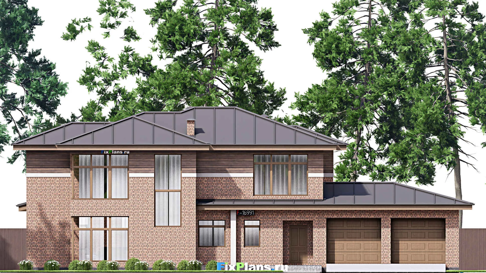 F-16991 - Проект двухэтажного дома 13 на 24, площадью 300 м² с террасой, гаражом на 2 машины и 3 спальнями