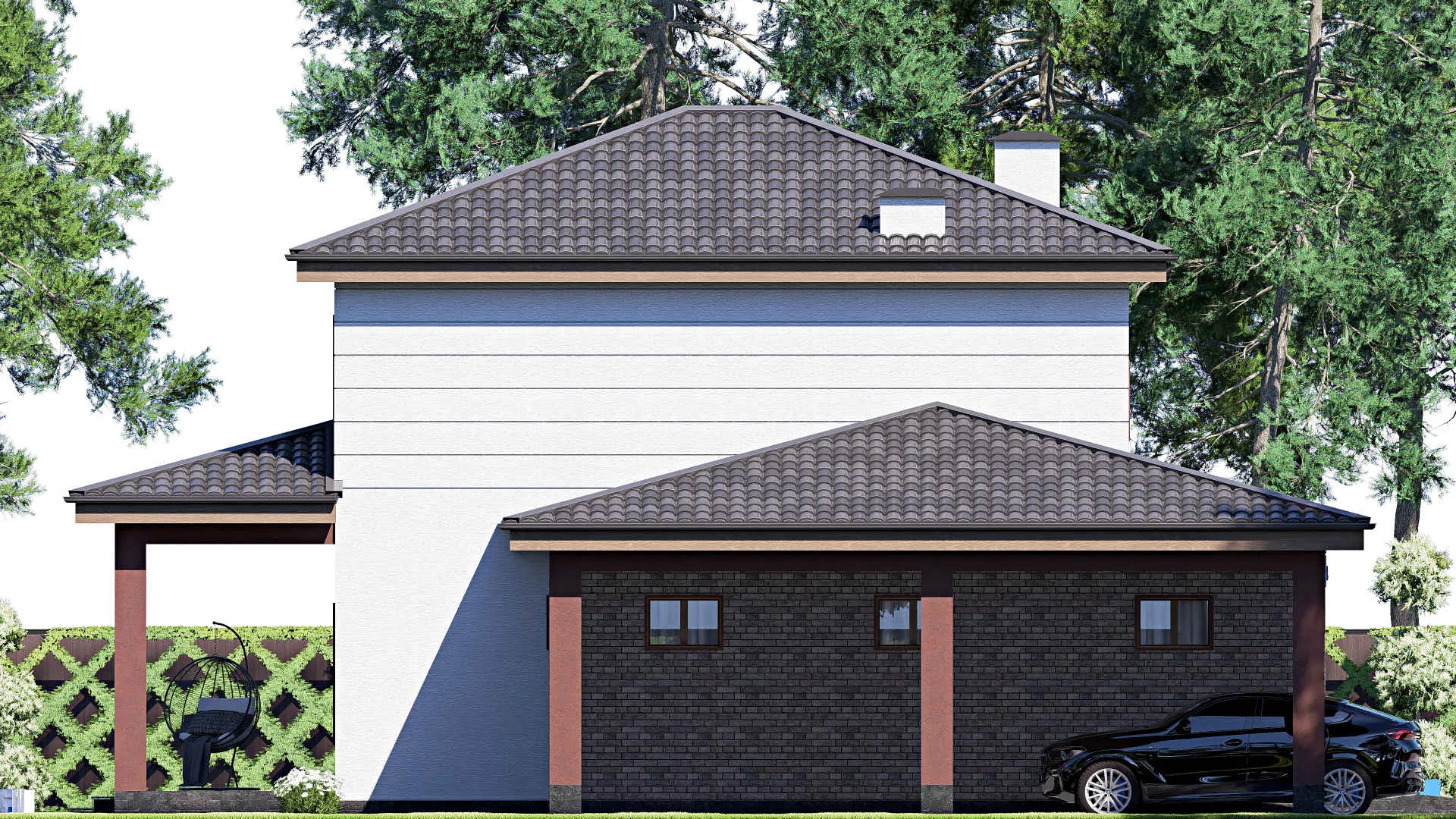 F-18818 - Проект двухэтажного дома 16 на 18, площадью 240 м² с террасой, гаражом на 1 машину и 4 спальнями