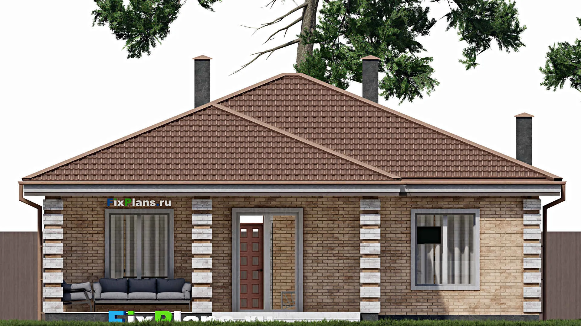 F-0656 - Проект одноэтажного дома 12 на 12, площадью 130 м² с террасой и 3 спальнями