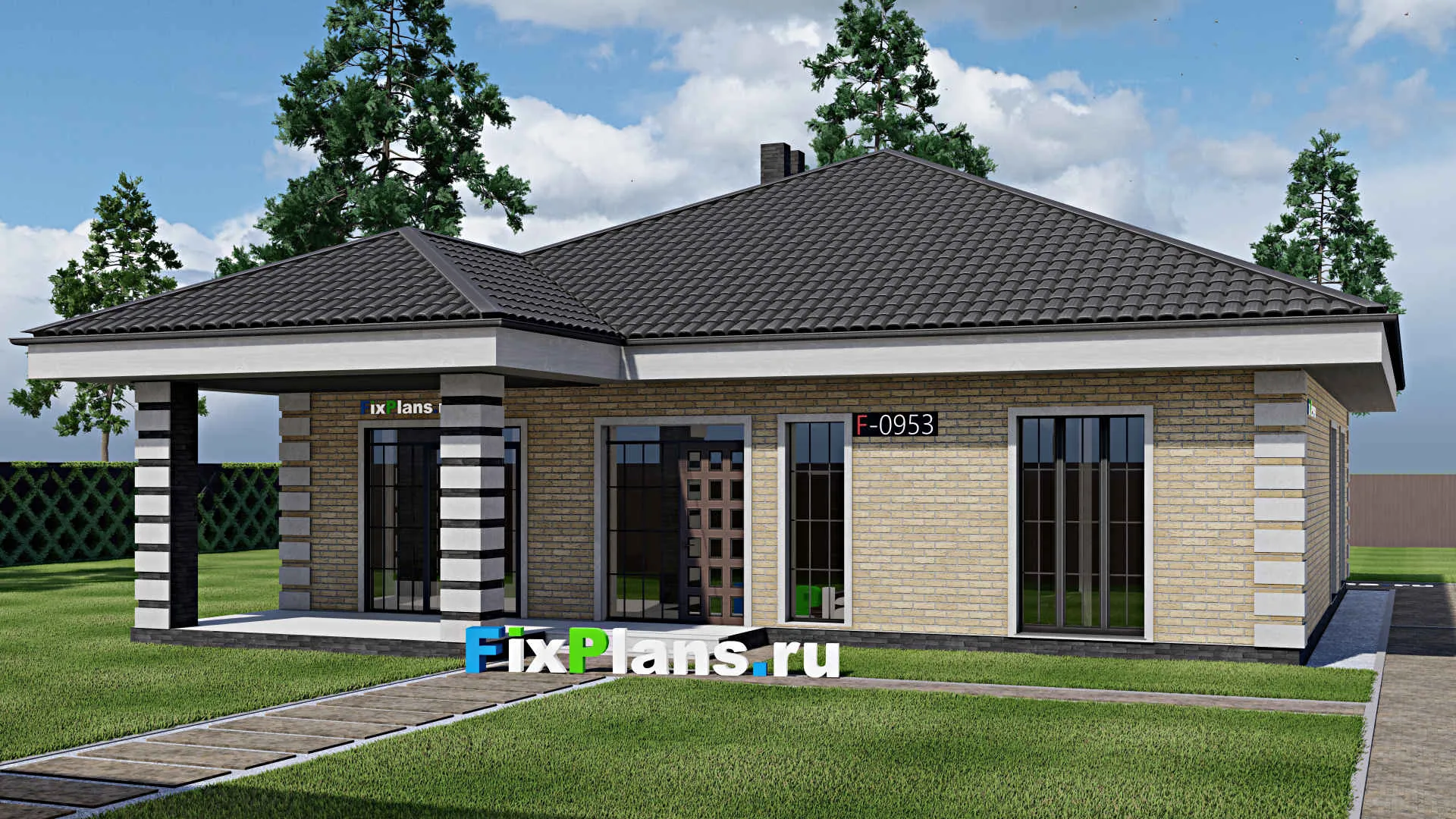 F-0953 - Проект одноэтажного дома 14 на 14, площадью 190 м² с террасой и 4 спальнями