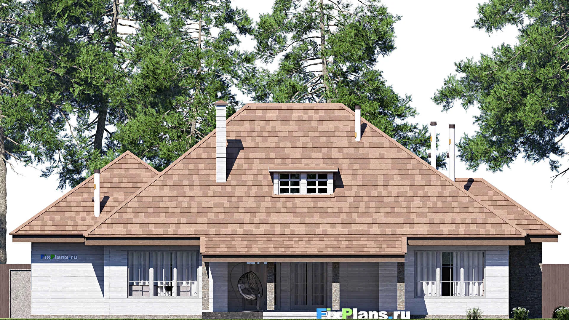 F-19808 - Проект дома с мансардой 22 на 23, площадью 330 м² с террасой, гаражом на 2 машины и 3 спальнями