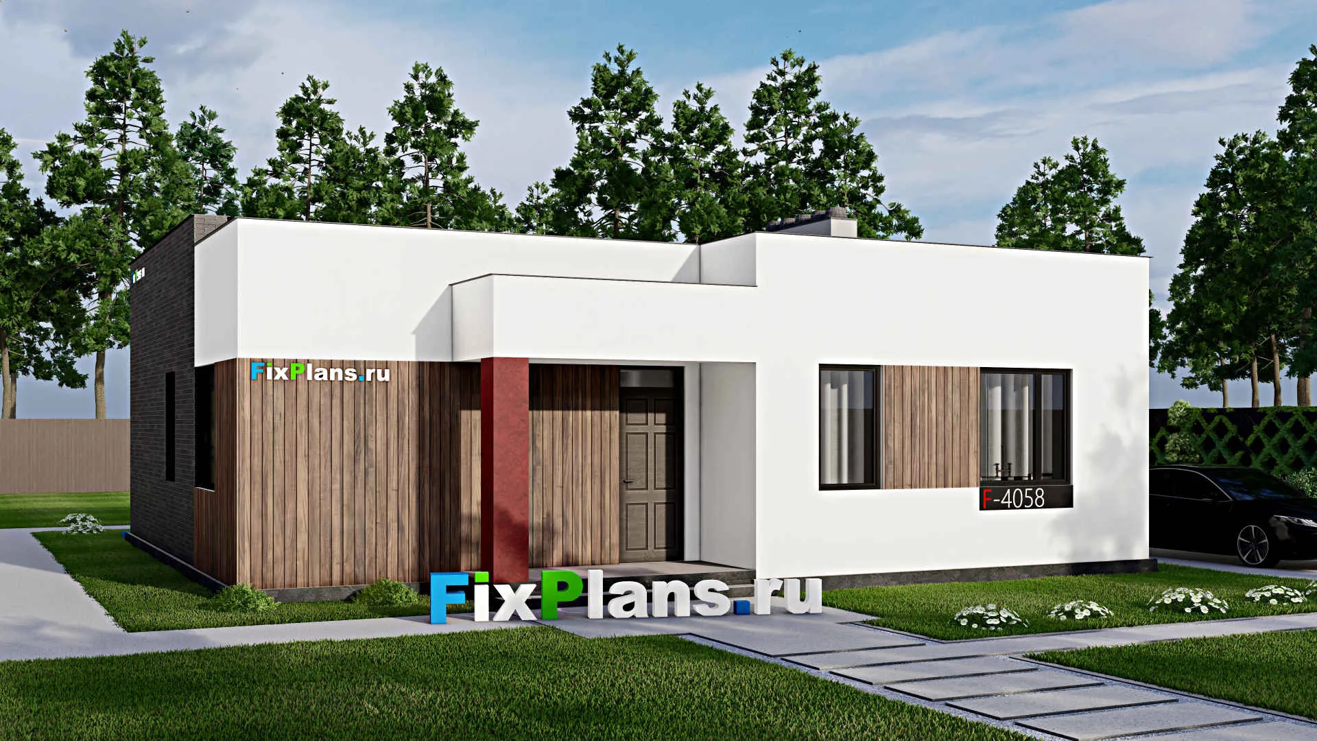 F-4058 - Проект одноэтажного дома 11 на 12, площадью 110 м² с террасой и 2 спальнями