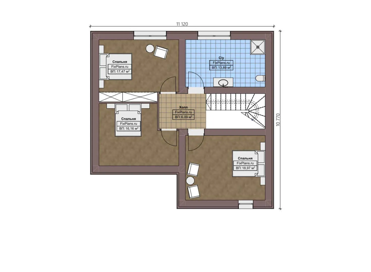 F-2015 - Планы дома с мансардой 11 на 12, площадью 180 м² с террасой и 4 спальнями