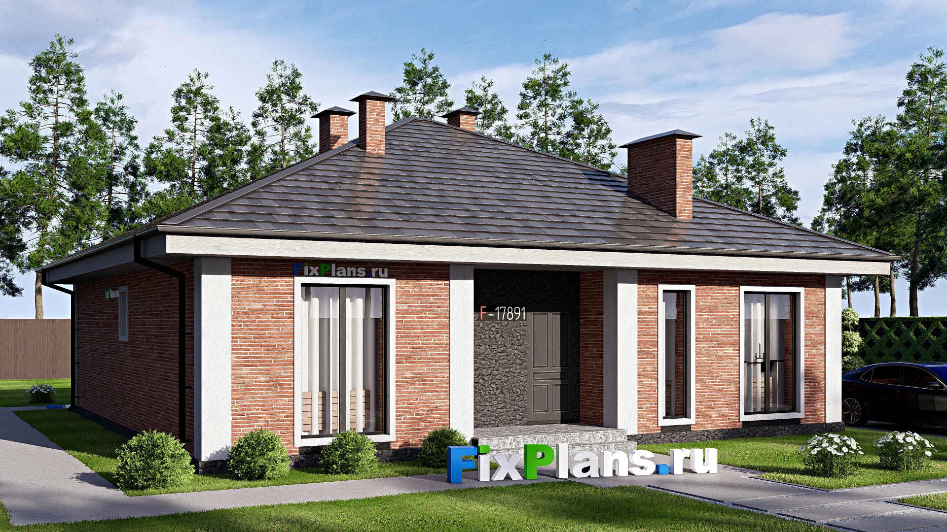 F-17891 - Проект одноэтажного дома 13 на 13, площадью 130 м² с террасой и 3 спальнями