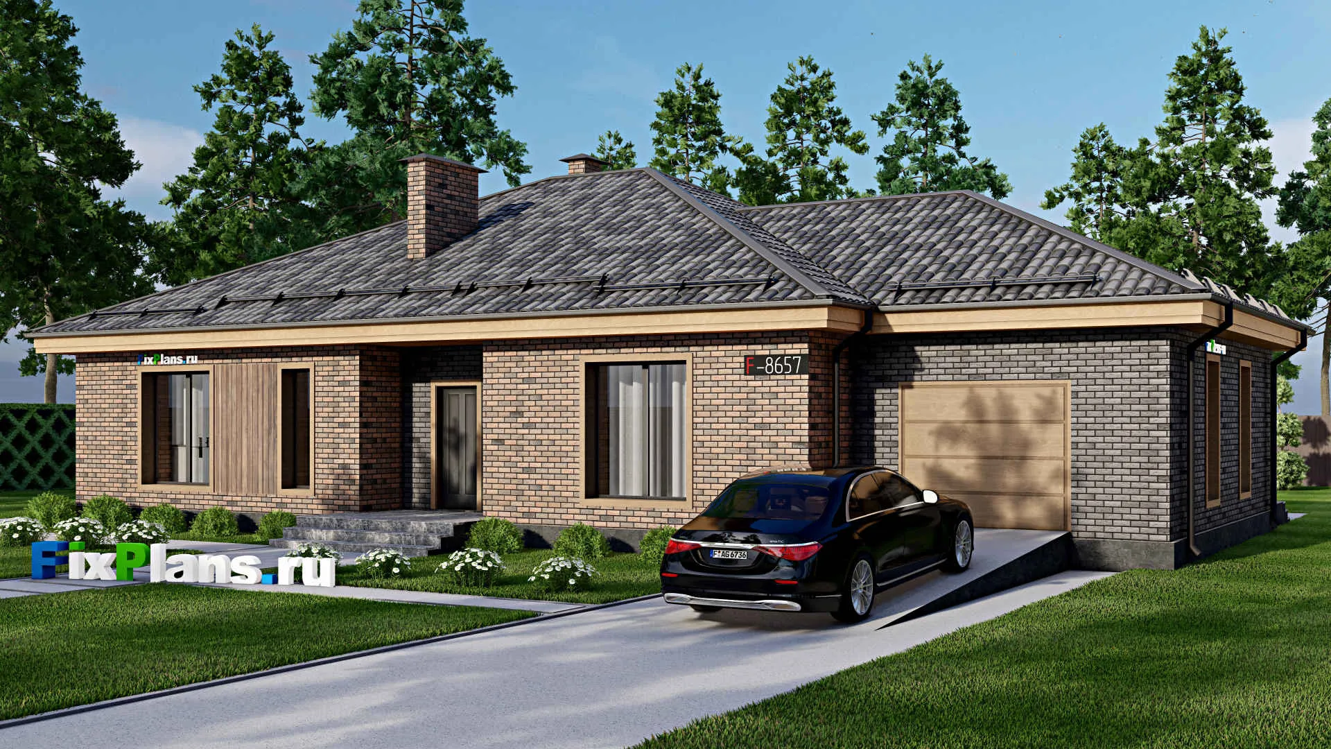 F-8657 - Проект одноэтажного дома 14 на 20, площадью 190 м² с террасой, гаражом на 1 машину и 3 спальнями