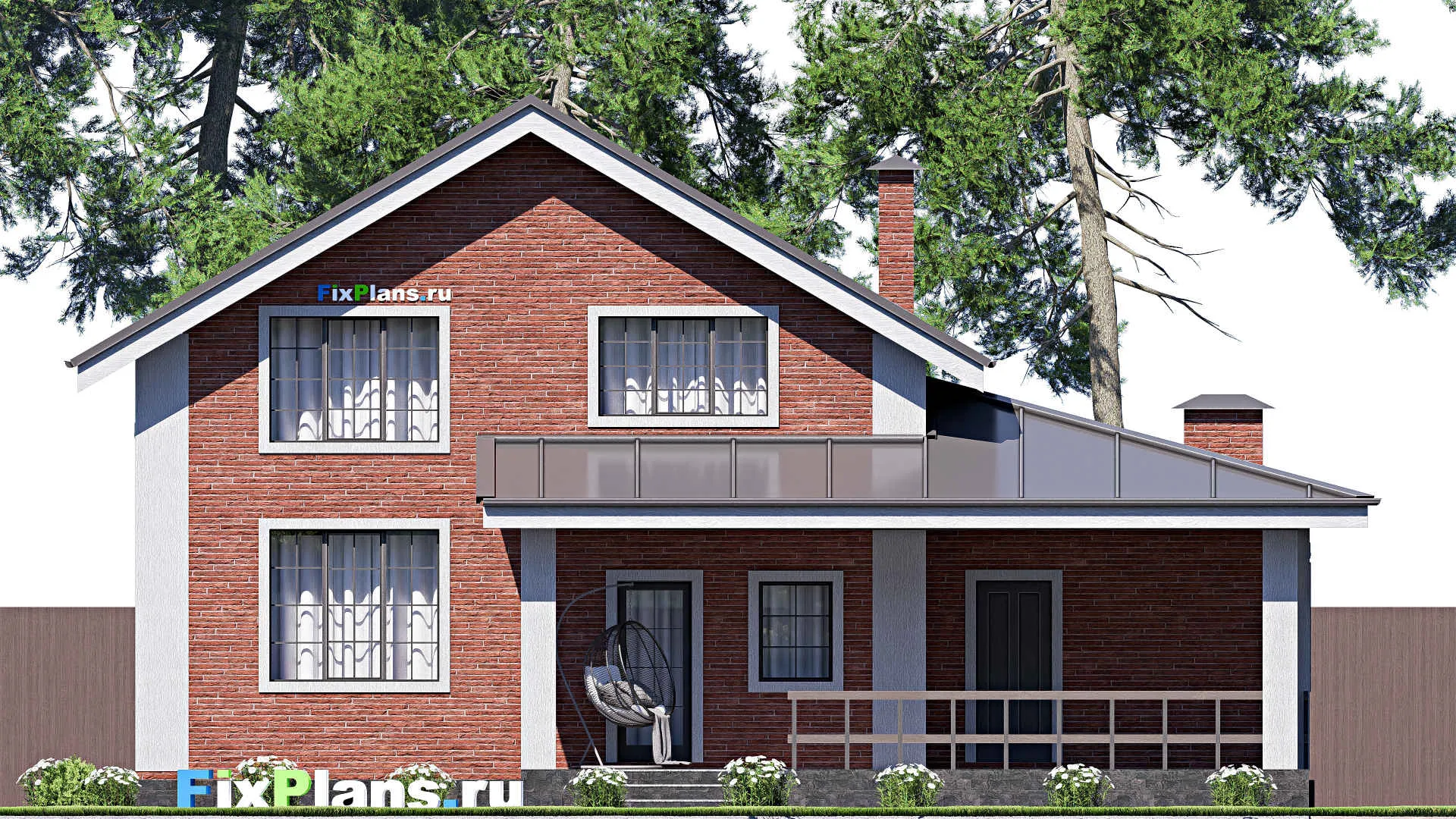 F-18071 - Проект дома с мансардой 14 на 14, площадью 200 м² с террасой, балконом, гаражом на 1 машину и 3 спальнями