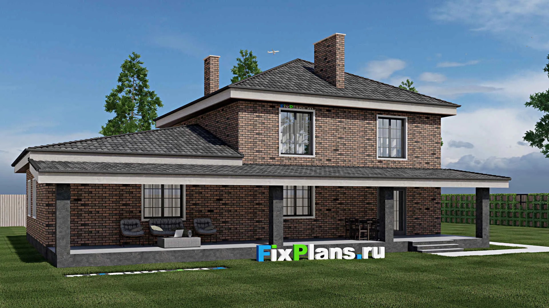 F-1475 - Проект двухэтажного дома 12 на 17, площадью 280 м² с террасой, гаражом на 2 машины и 3 спальнями