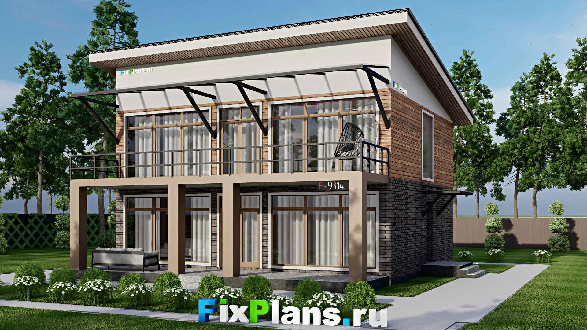 F-9314 - Проект двухэтажного дома 12 на 15, площадью 220 м² с террасой, балконом и 4 спальнями