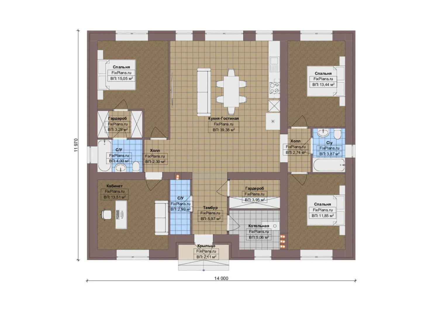 F-18341 - План одноэтажного дома 12 на 14, площадью 130 м² с 3 спальнями