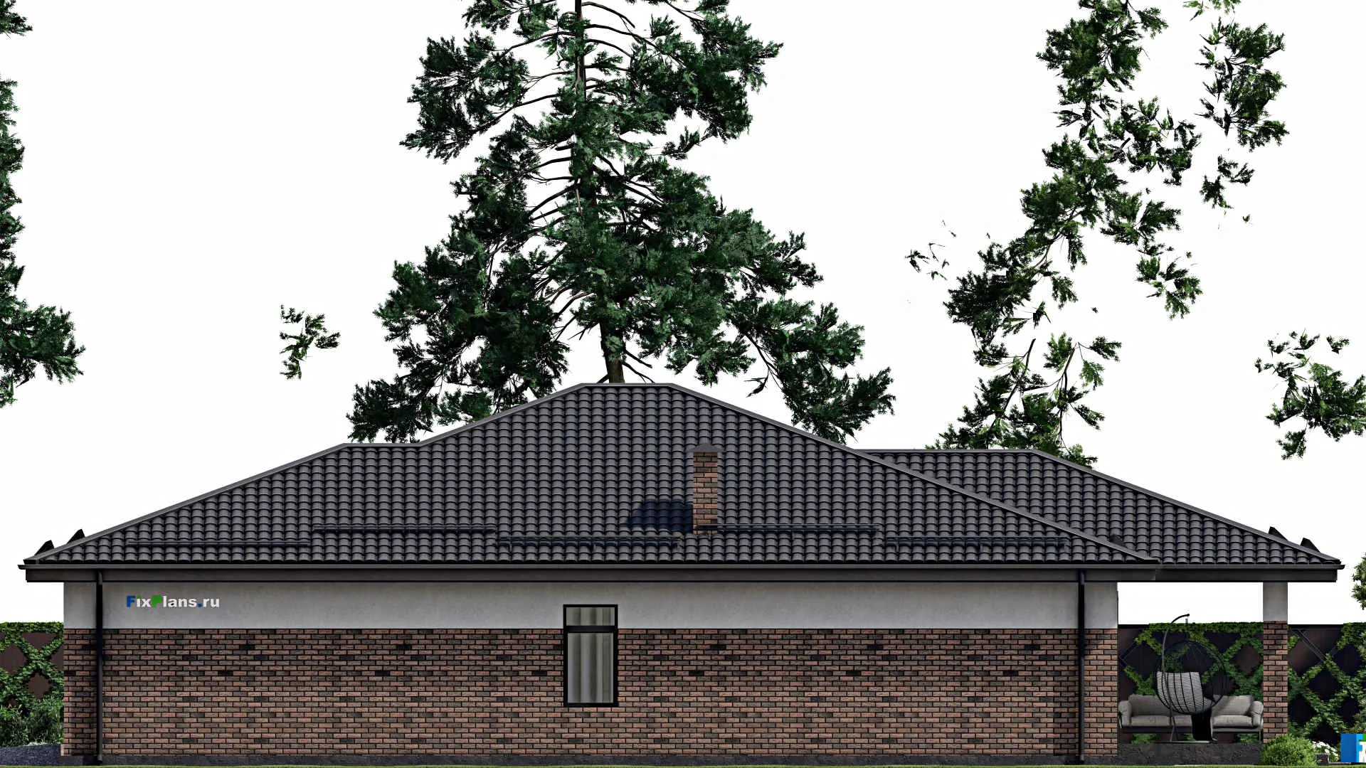 F-4310 - Проект одноэтажного дома 15 на 18, площадью 230 м² с террасой, баней, гаражом на 1 машину и 3 спальнями