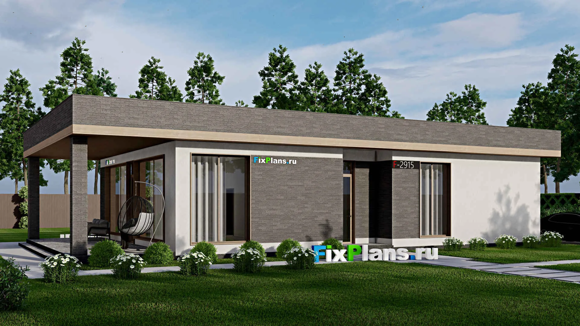 F-2915 - Проект одноэтажного дома 11 на 16, площадью 160 м² с террасой и 3 спальнями