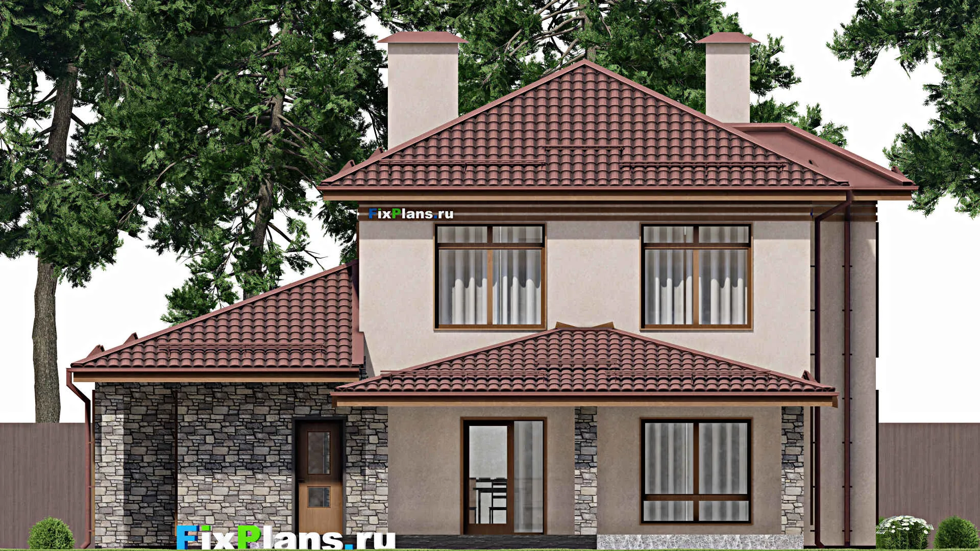 F-2222 - Проект двухэтажного дома 12 на 15, площадью 200 м² с террасой, гаражом на 1 машину и 5 спальнями