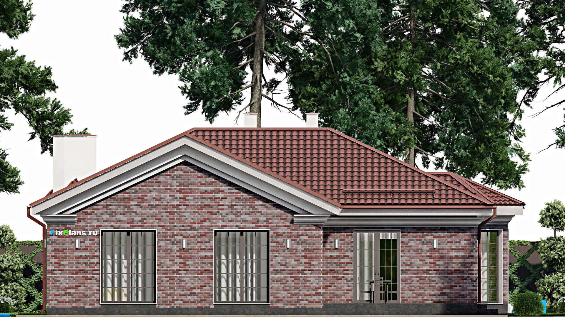 F-1484 - Проект одноэтажного дома 15 на 19, площадью 190 м² с террасой, гаражом на 1 машину и 3 спальнями