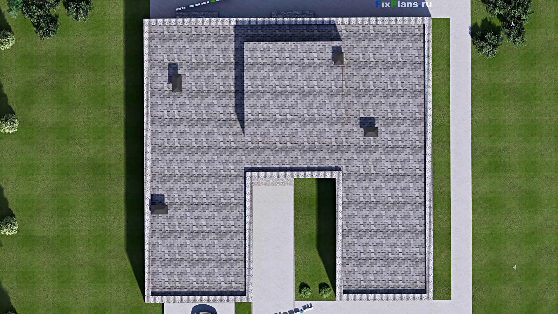 F-15749 - Проект одноэтажного дома 21 на 21, площадью 300 м² с террасой, гаражом на 2 машины и 3 спальнями