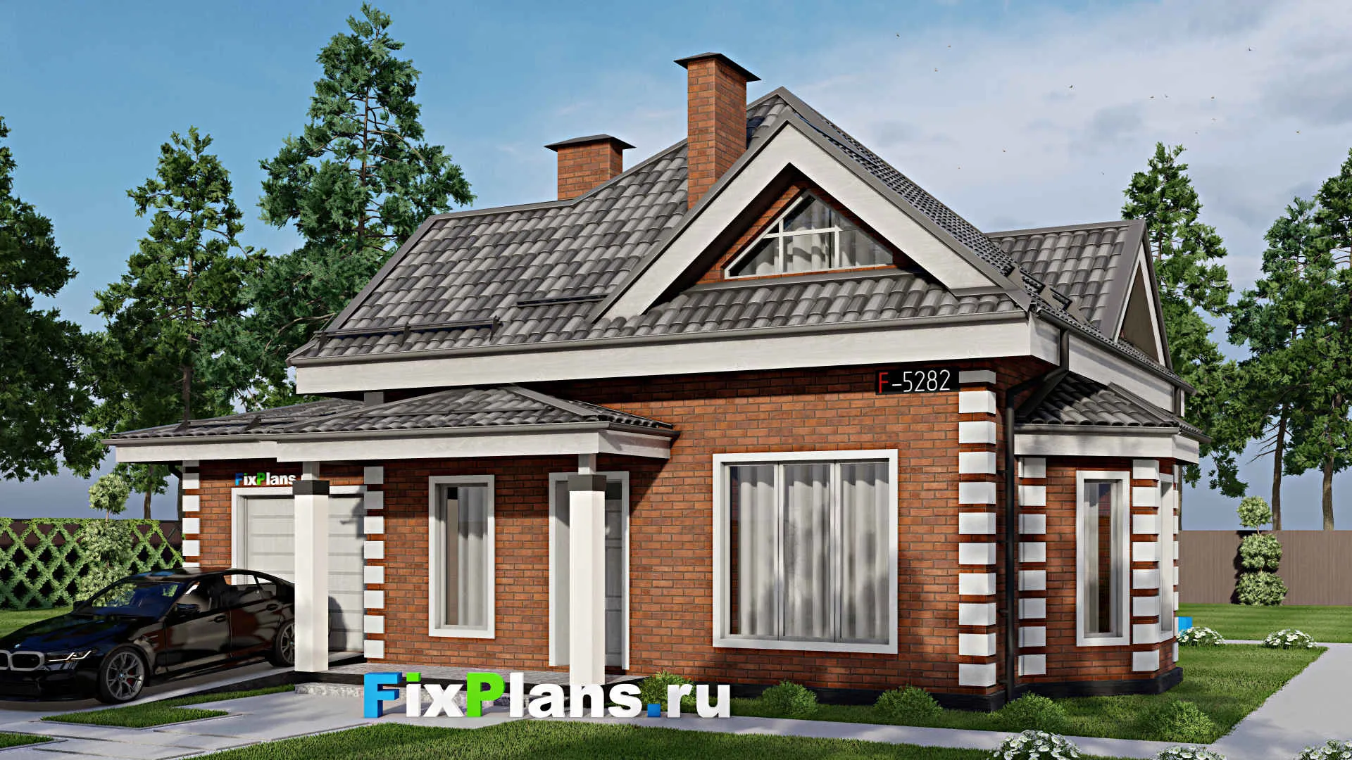 F-5282 - Проект дома с мансардой 13 на 14, площадью 150 м² с террасой, гаражом на 1 машину и 4 спальнями