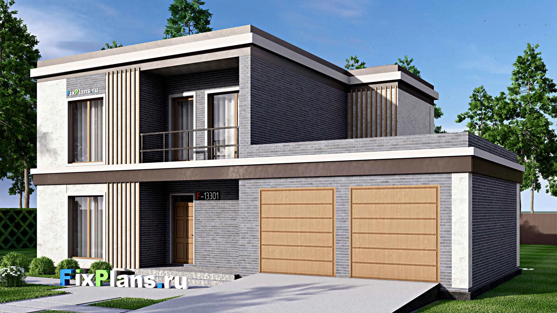 F-13301 - Проект двухэтажного дома 16 на 16, площадью 280 м² с террасой, балконом, гаражом на 2 машины и 4 спальнями