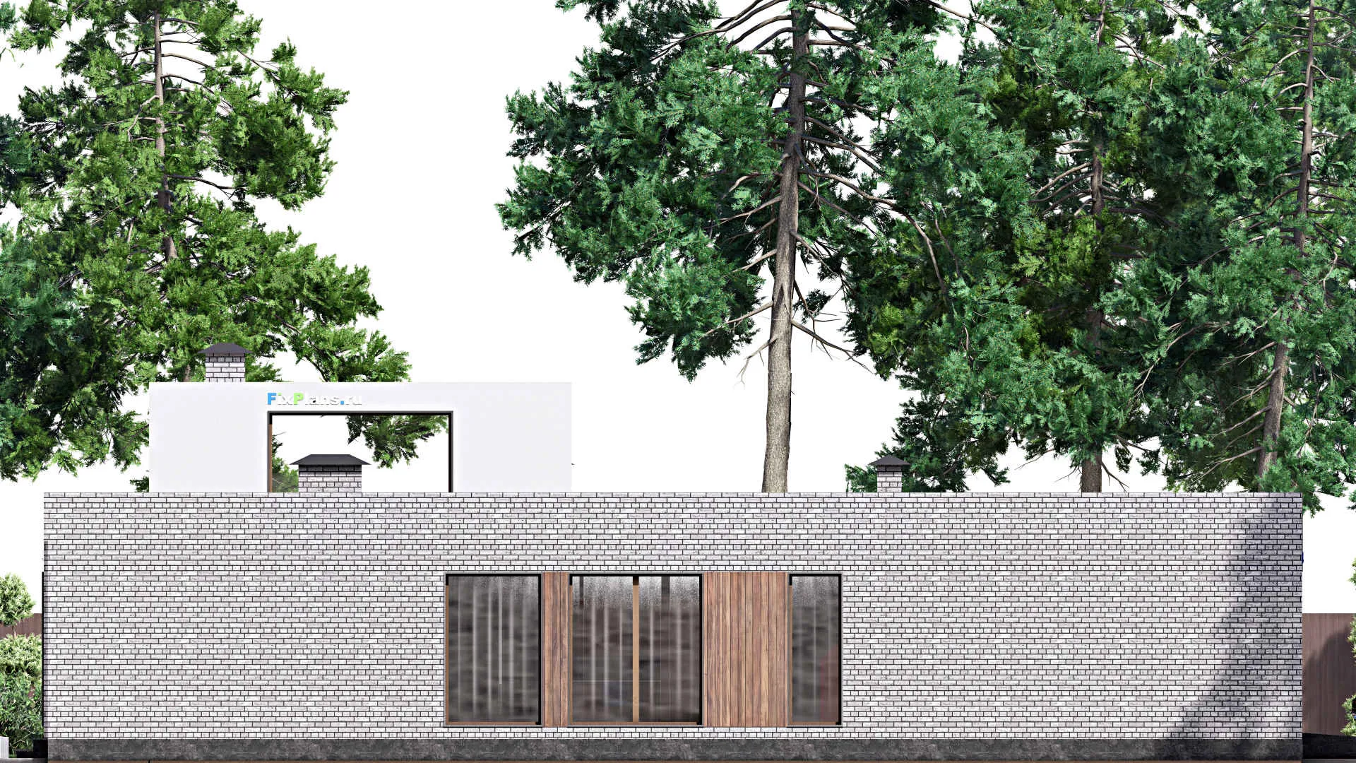 F-15749 - Проект одноэтажного дома 21 на 21, площадью 300 м² с террасой, гаражом на 2 машины и 3 спальнями