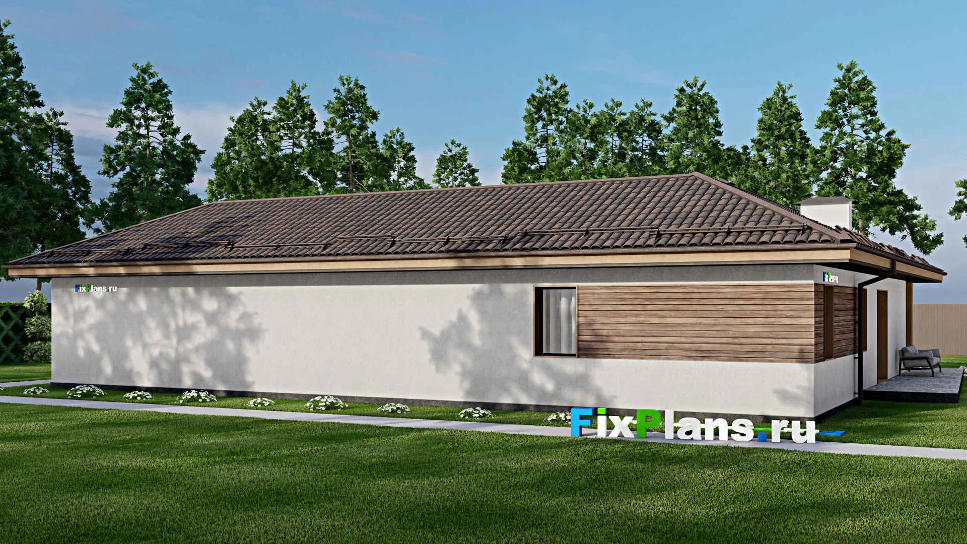 F-6308 - Проект одноэтажного дома 15 на 21, площадью 190 м² с террасой и 4 спальнями