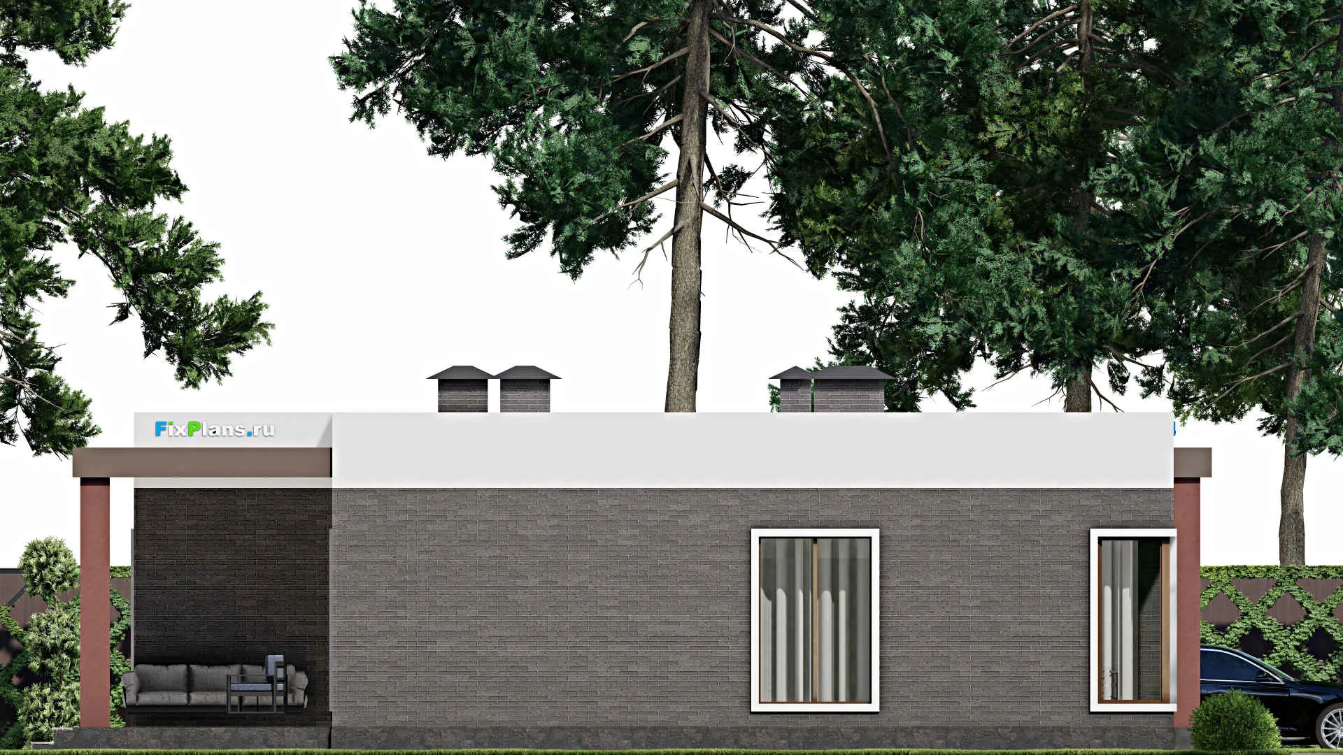 F-10727 - Проект одноэтажного дома 15 на 16, площадью 180 м² с террасой и 3 спальнями