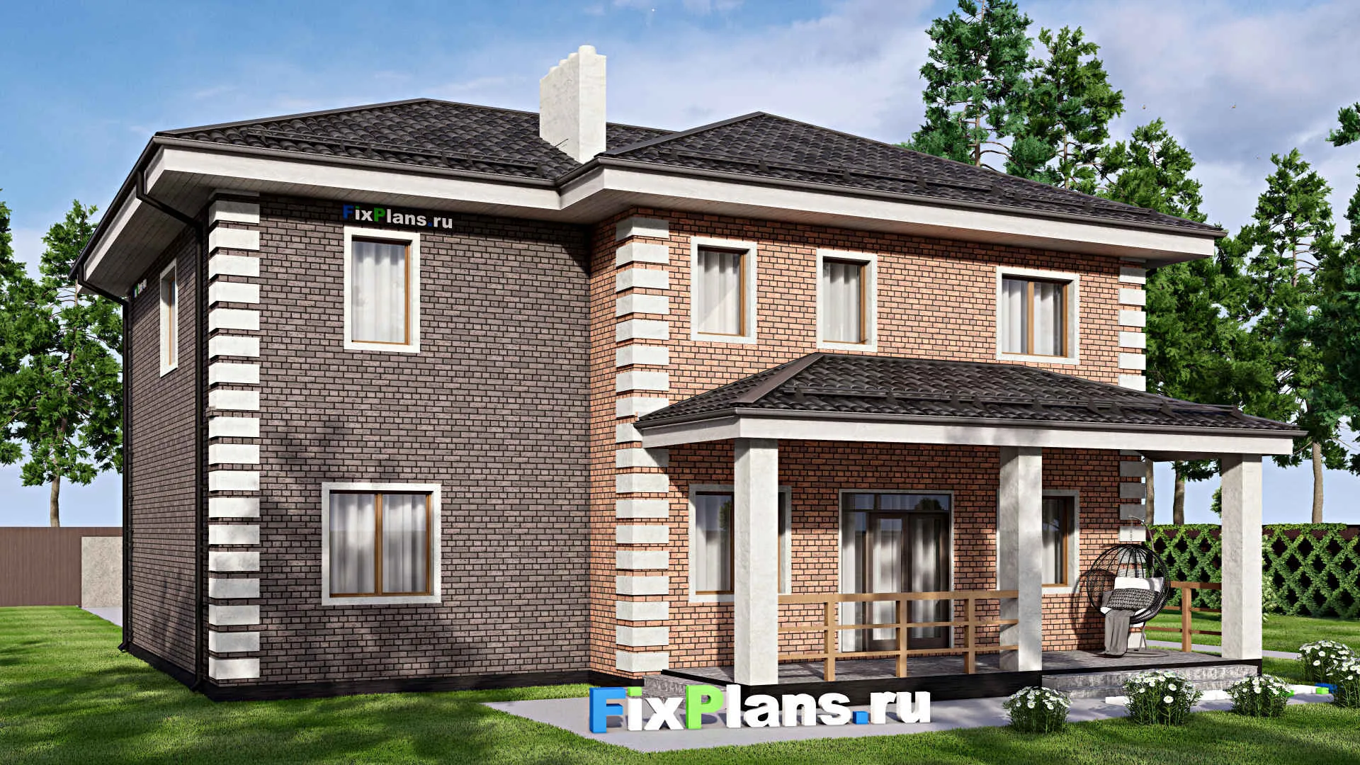 F-13733 - Проект двухэтажного дома 14 на 16, площадью 260 м² с террасой, гаражом на 1 машину и 4 спальнями